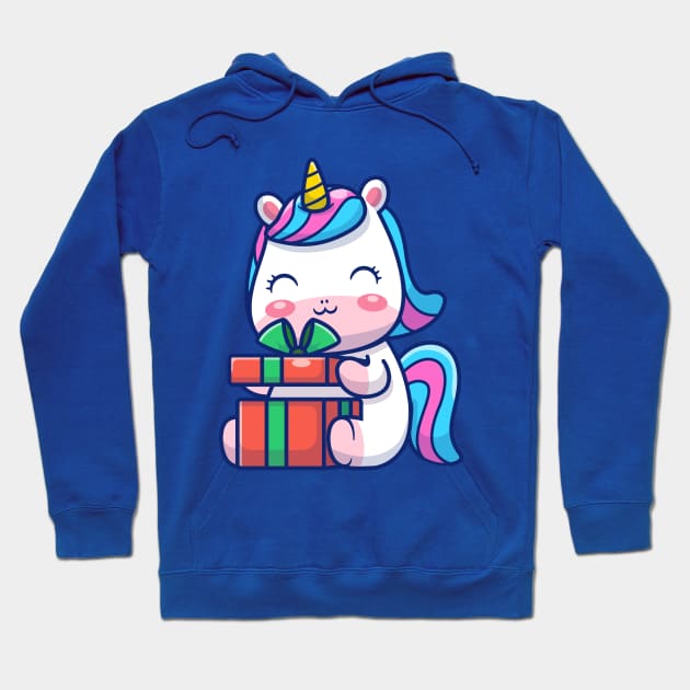 Cute Unicorn Holding Gift Cartoon Hoodie by Catalyst Labs